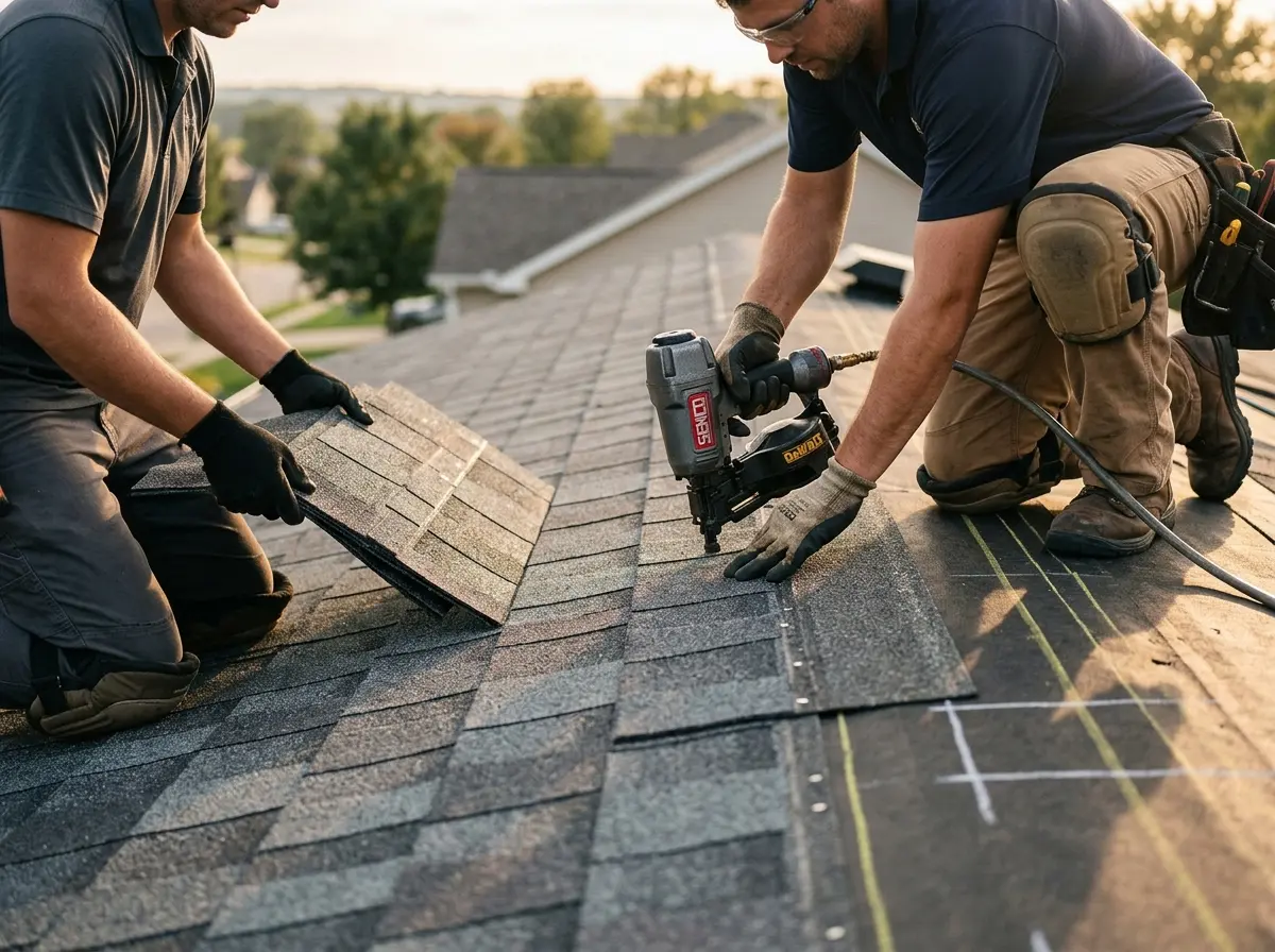 Professional roofer working on a residential roof in Stuttgart